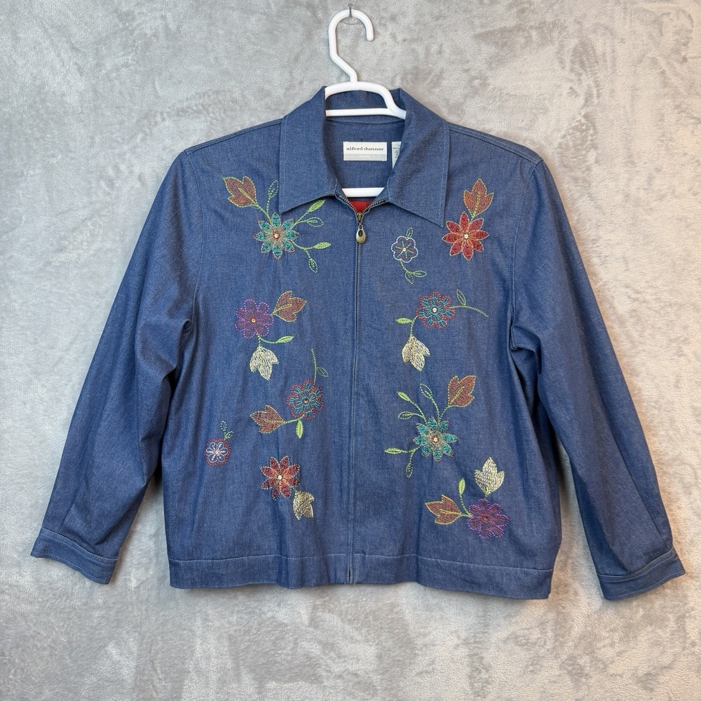 Alfred Dunner Womens Denim Jacket 14P Embroidered Floral Boho Hippie Granny Core